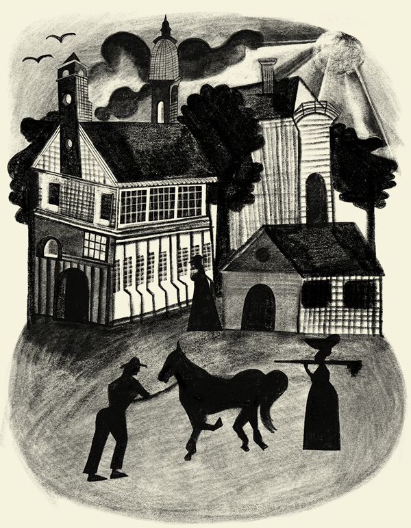 black-and-white block illustration of 19th-century street scene with silhouettes of man leading horse next to woman holding a tool over her shoulder