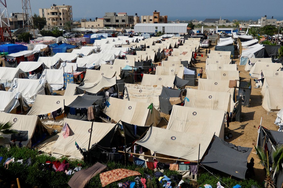An elevated view of tents in a refugee encampment