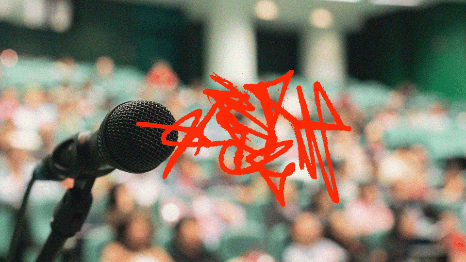 An illustration of a microphone with red scribbles next to it