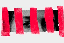 A woman's face behind illustrated bars
