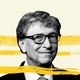 A black-and-white portrait of Bill Gates with yellow streaks behind him