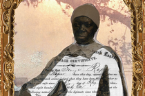 detail of illustration with photo portrait of 19th-century Black woman inside ornate gilt and wood frame with part of a marriage certificate as her dress