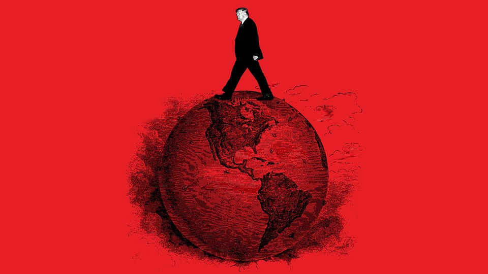 Illustration of a black-and-white image of Donald Trump walking across the Americas on a globe