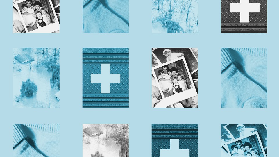 Photos of flooding, as well as of family Polaroids and heirlooms, arranged in a 3 x 4 grid and washed blue, against a blue background