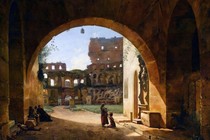 A painting of an arched entrance to the Colosseum covered in plant life