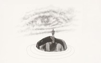 pen-and-ink-style illustration of figure standing alone on rock in water facing clouds in shape of eye