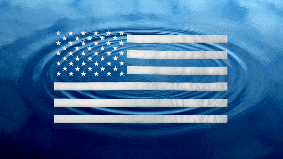 Illustration showing an all-white version of the U.S. flag over a picture of water with ripples