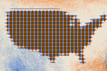 A drawing of a map of the U.S. made up of crosshatched orange and blue lines, against a dotted orange-and-blue background