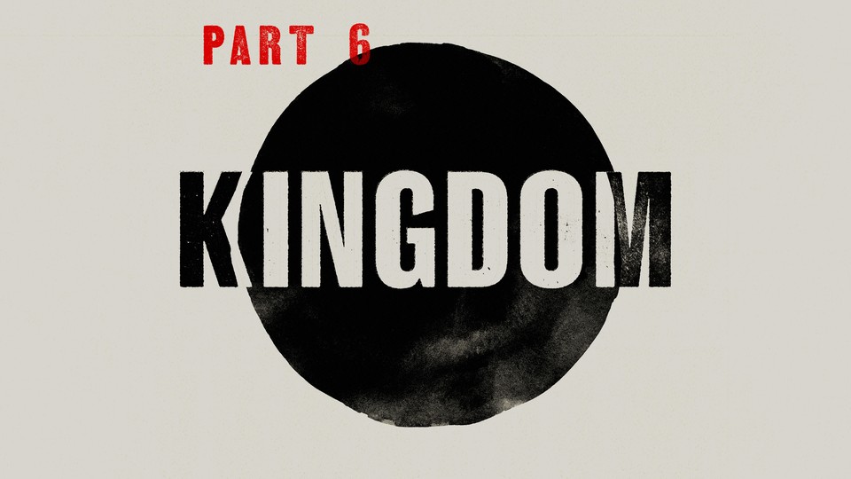 On an off-white background in small red lettering is says "Part 6" and below and centered in the frame is a black circle. Across the circle the word "kingdom" can be read in a mixture of black and white letters.