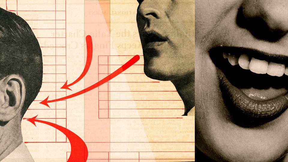 A photo collage showing a mans ear listening to another man speak, and a woman's mouth open to speak