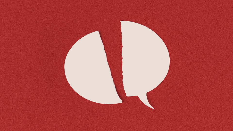 An illustration showing a speech bubble split in half