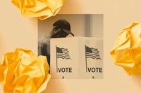 A black-and-white photo of a man in a dark baseball cap standing at a voting booth