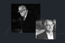 A black-and-white collage with Donald Trump on the left in a USA baseball cap and Viktor Orbán on the right