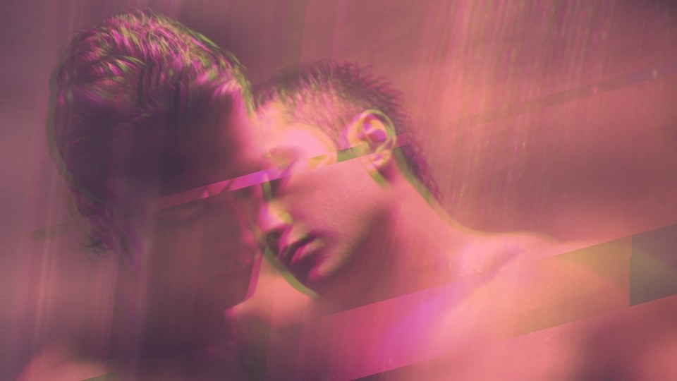 A photo illustration of the "Heated Rivalry" characters Ilya and Shane in the shower, with their eyes closed