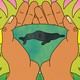 An illustration of a dolphin in water. The water is inside the palms of someone's hands.