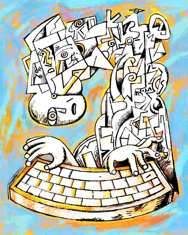 abstract painting of figure typing at keyboard