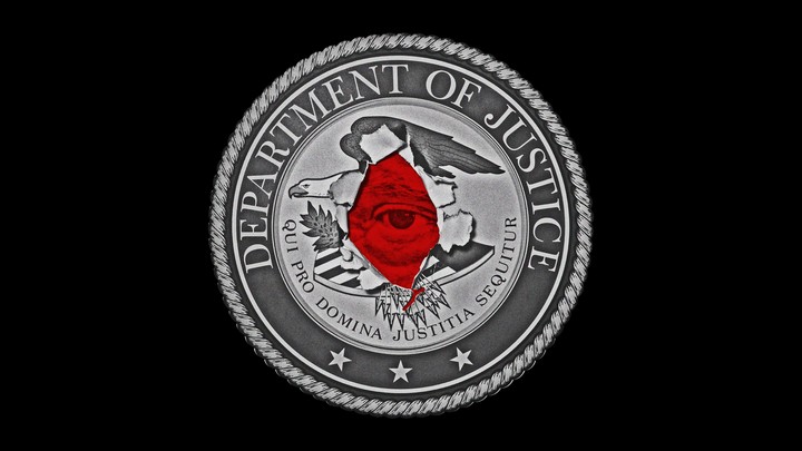 An illustration of the Department of Justice seal with Donald Trump's eye.