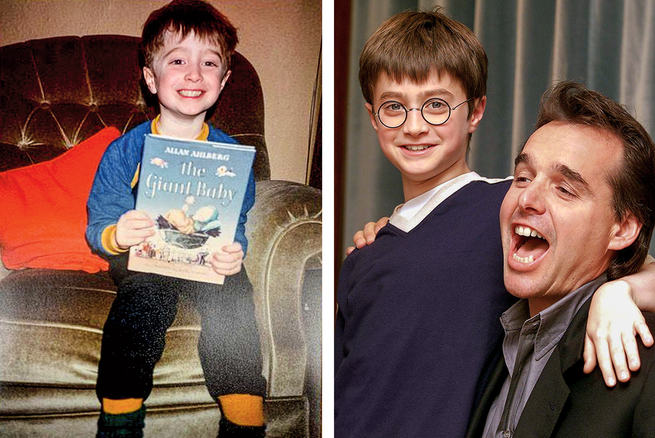 2 photos: photo of young boy sitting on chair holding a book; photo of young Radcliffe smiling and wearing round Harry Potter glasses with arm around laughing man