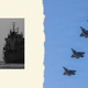 A collage of two images: one black-and-white photo of a large military ship, one photo of four jets flying against a blue sky
