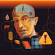 Bald man with glasses near orange horizon line with a series of circled images spiraling out of his head including early man, stone tool, wheat, coins, book, computer chip, and yellow warning triangle with exclamation point