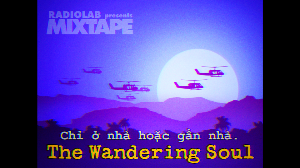 A distorted illustration depicts helicopters over a Vietnam skyline. “The Wandering Soul” is written English and Vietnamese.