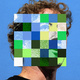 A photo of Mark Zuckerberg with a colorful mosaic over his face