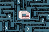 A drawing of a ballot box with an American flag on it sits at the center of a maze.