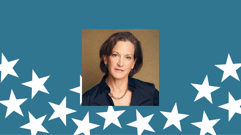 A woman with dark-brown hair that reaches to her shoulders stares at the camera with a small smile. She is wearing a navy-blue button-down shirt and a gold necklace. A teal background is behind her and there are white stars that flow up from the bottom of the page.