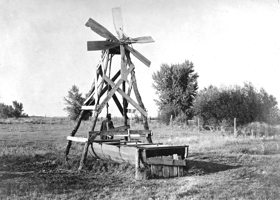 A small wooden windmill stands above a watering trough.