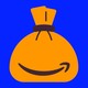 A brown sack with the amazon logo on it against a blue background