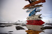 A signpost with the distances to various destinations against a snowy background