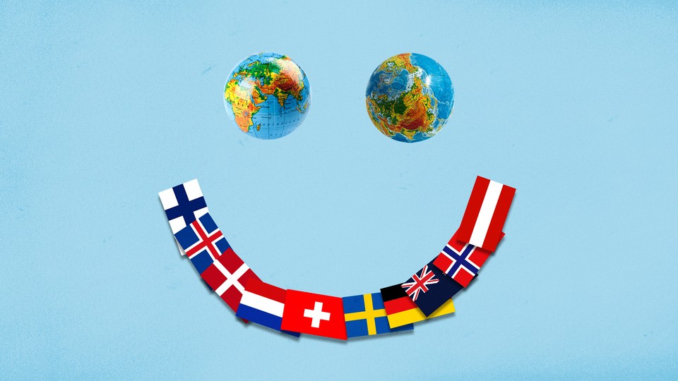 An illustration of a smiley face, with two globes as the eyes and a spread of countries' flags as the mouth