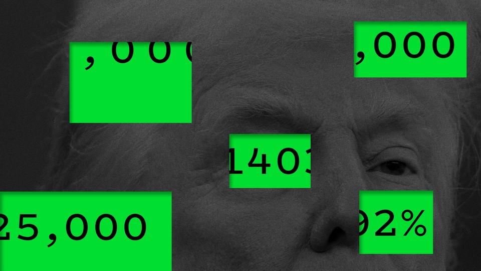 Trump in black and white with partial numbers around him over a green background
