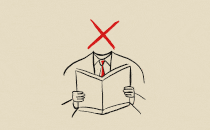 A drawing of a headless person reading a book. An animation of a red thumbs-down sign and a red X flashes where their head would be.