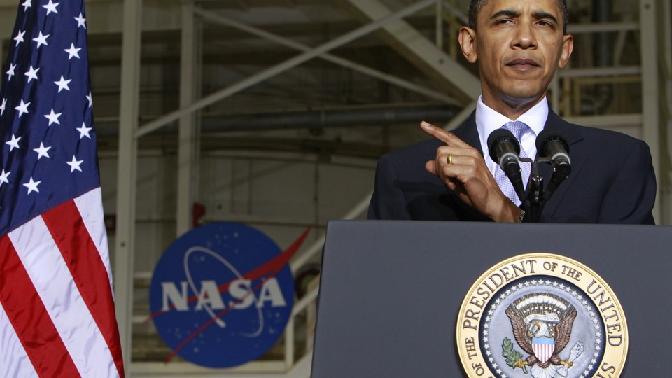 President Barack Obama delivers a big space policy speech in Cape Canaveral, Florida, on April 15, 2010. 