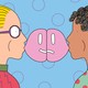 Two people blow bubble gum toward each other. One bubble forms half of a smiley face, while the other forms half of a frowning face.