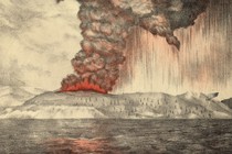 Painting of clouds pouring from the volcano on Krakatoa in south western Indonesia during the early stages of the eruption in 1883