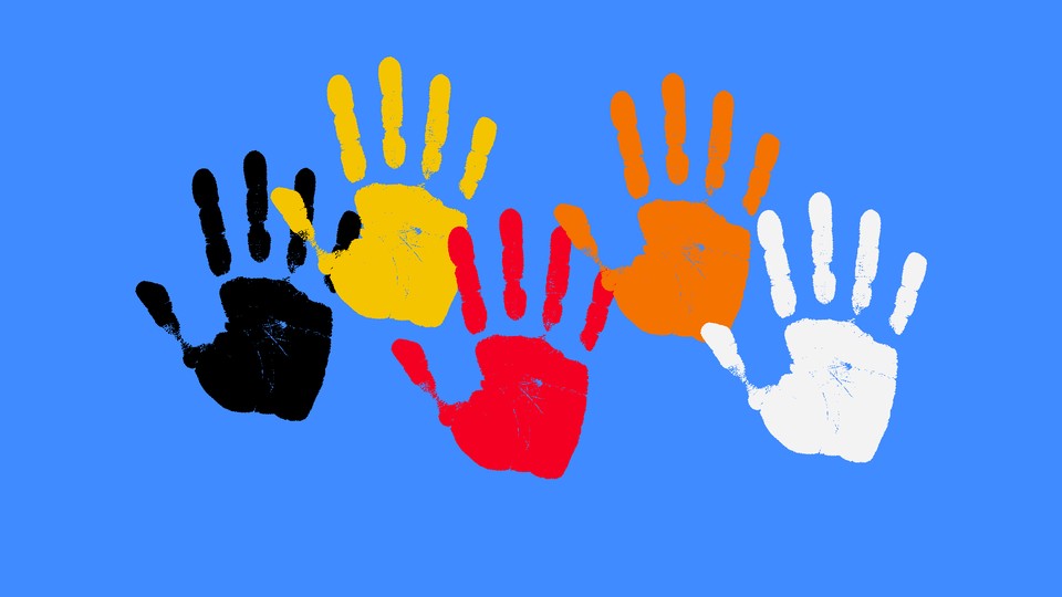 An illustration of different-colored handprints