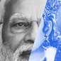 A black-and-white photo of Modi juxtaposed with illustrations of the Hindu god Ram