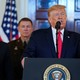 U.S. President Donald Trump delivers a statement about Iran flanked by U.S. Defense Secretary Mark Esper, Army Chief of Staff General James McConville and Chairman of the Joint Chiefs of Staff Army General Mark Milley in the Grand Foyer at the White House in Washington, U.S.