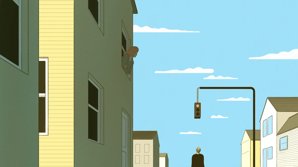 An illustration of a woman sticking her head out of her house's window to look at her husband, who stands outside
