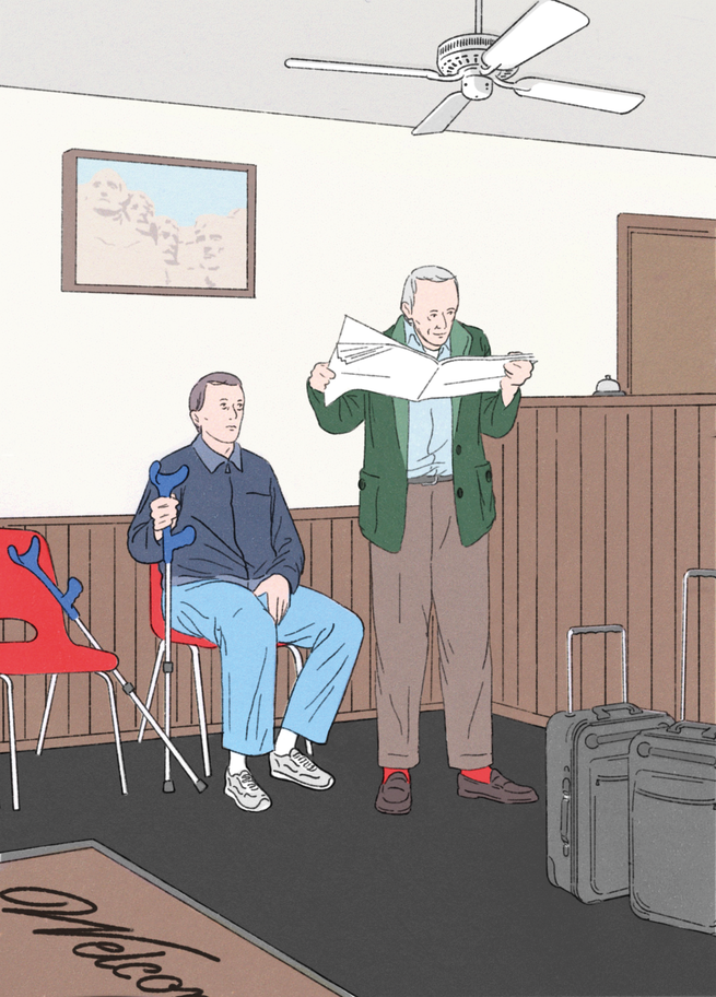 an illustration of two men in a car-rental lobby