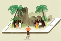 An illustration of an island popping out of a giant smart phone.