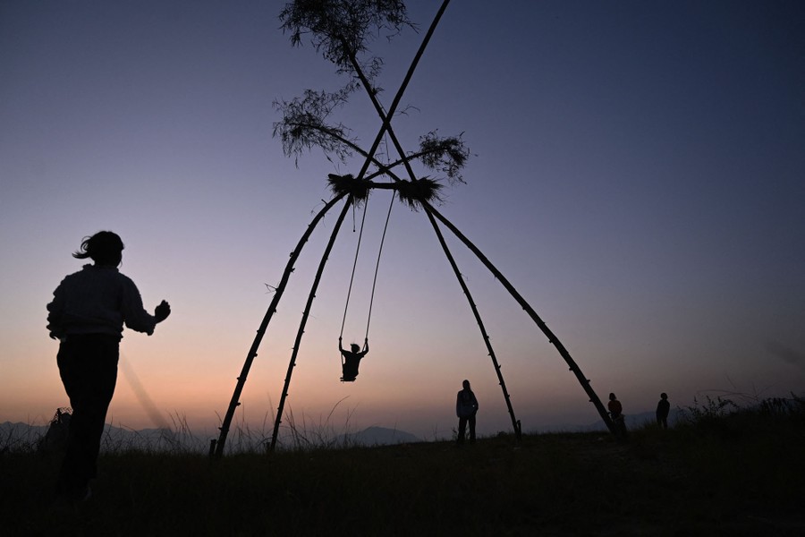 A boy rides on a swing that hangs from several tall, thin trees that have been bent together.