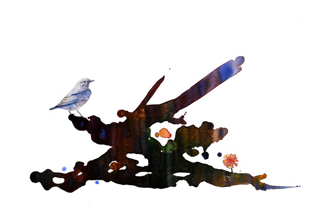 Watercolor painting of a bluebird and orange dandelion on branches.
