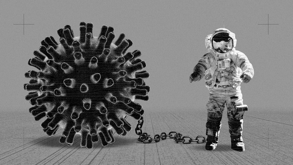 An astronaut shackled to a coronavirus particle
