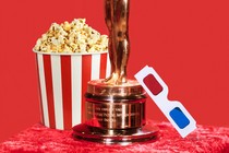 Illustration of an Oscar, popcorn, and 3-D glasses