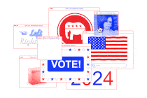 An animated red, white, and blue graphic showing flashing internet political ads and cursors clicking
