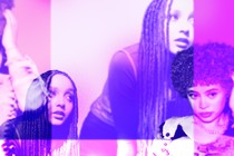 Photo illustration of Ice Spice and Pink Pantheress, images doubled, in pink and purple tones