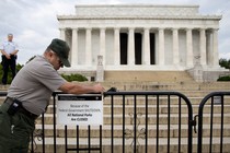 A National Parks worker in front of the blocked-off Lincoln Memorial in Washington, D.C.